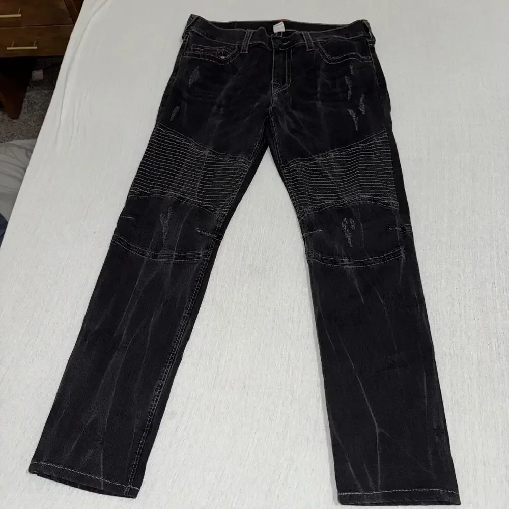 True Religion Skinny Moto Black Jeans Mens 34x30 Distressed Biker Pants EUC